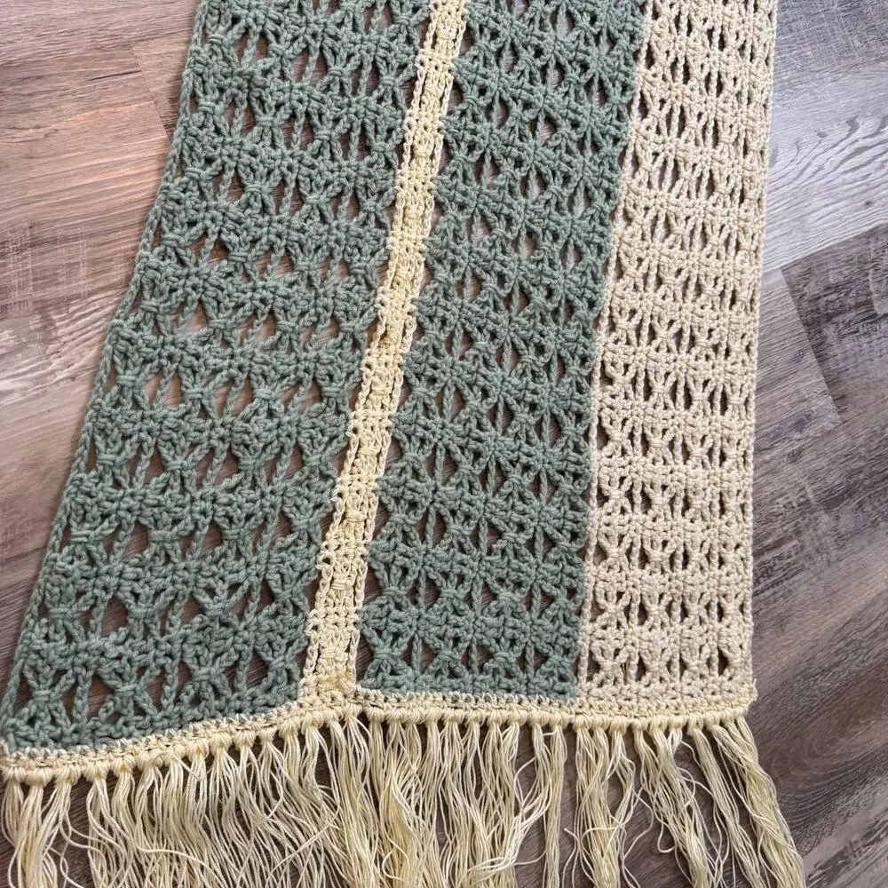 Handmade Crochet Scarf Sage Green Cream Fringe Boho Indie Long Wrap